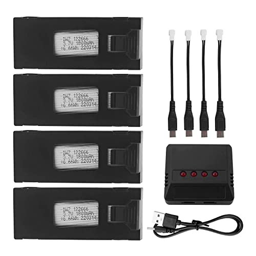 PUOO 4PCS 3.7V 1800mAh Li po Battery with 4 in 1 Charger Compatible with Jordan Love RC Drone and E88 E88PRO E88MAX E525 E99 E99PRO P1 P5PRO K3 S1 P8 BD101 RC Quadcopter