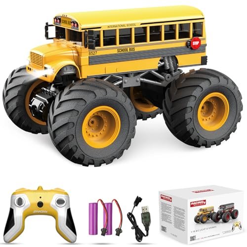 Desdoni 1/18 RC Car Remote Control School Bus Monster Truck Toy with LED Lights and Sounds for Kids Adults