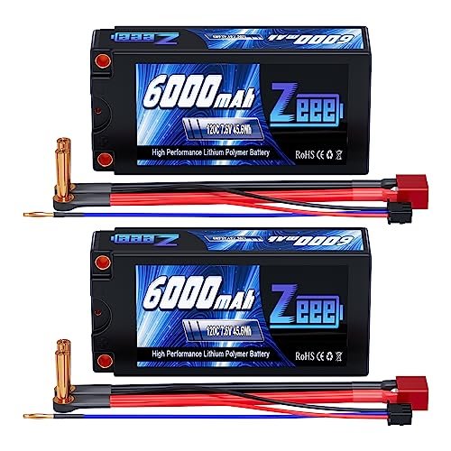 Zeee 2S Shorty Lipo Battery 6000mAh 7.6V 120C Hard Case for Cheap 1/10 Scale RC Trucks Cars Boats 2 Pack
