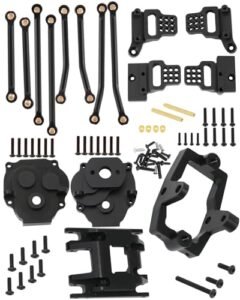 HopsupRC Fox Float RC Rear Shock Upgrades for 1/18 TRX4M Adjustable Shock Towers Chassis Links Suspension Links Centor Gearbox Transmission Case Steering Servo Mount Skid Plate Transmission Mount Set Black
