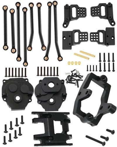 HopsupRC Fox Float RC Rear Shock Upgrades for 1/18 TRX4M Adjustable Shock Towers Chassis Links Suspension Links Centor Gearbox Transmission Case Steering Servo Mount Skid Plate Transmission Mount Set Black