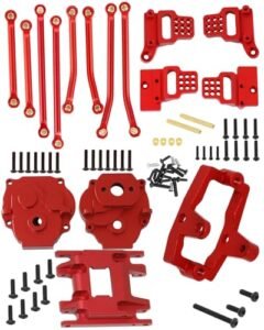 Fox Van RC Shock HopsupRC Upgrades for 1/18 TRX4M Adjustable Shock Towers Chassis Links Suspension Links Gearbox Transmission Case Steering Servo Mount Skid Plate Transmission Mount Set Red