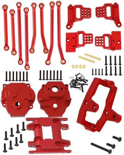 Fox Van RC Shock HopsupRC Upgrades for 1/18 TRX4M Adjustable Shock Towers Chassis Links Suspension Links Gearbox Transmission Case Steering Servo Mount Skid Plate Transmission Mount Set Red