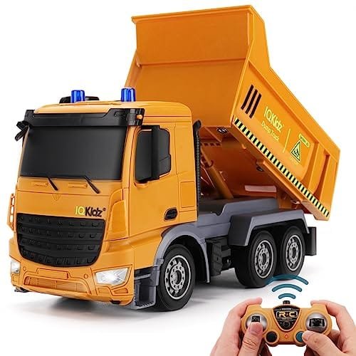 IQKidz Best RC Construction Vehicles Remote Control Dump Truck Toy with Blue Warning Lights for Kids Ages 3 4 5 7 8 9 10