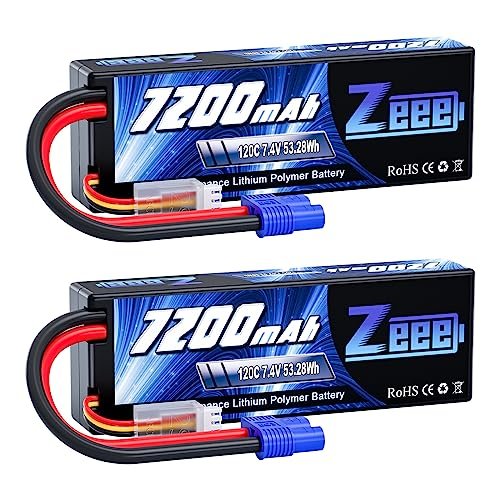 Zeee 2S Lipo Battery 7200mAh 7.4V 120C Hard Case with EC3 Connector for 1/10 Scale RC Buggy Tires and Other RC Models 2 Pack