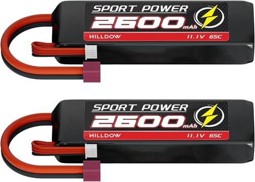 Hilldow 11.1V 3S Lipo Battery 2200mAh 65C with T Connector for RC Models 2 Pack