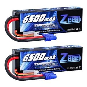 Zeee 2S Lipo Battery 6500mAh 120C 7.4V Hard Case with EC3 Connector for 1/10 Scale RC Chevy Truck Body and Other RC Vehicles 2 Pack