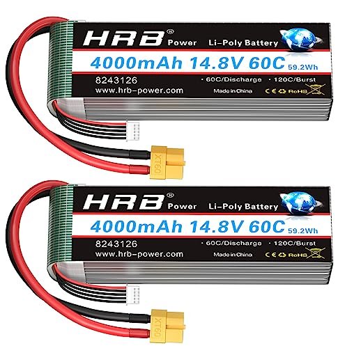 HRB 4S 4000mAh 60C Lipo Battery XT60 14.8V RC Battery Pack for RC Cars Airplanes Trucks and Boats 2pcs
