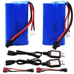 Blomiky 2 Pack 7.4V 1500mAh Li ion Rechargeable Battery with SM 2P Plug and T Adapter for H101 RC Boat Battery