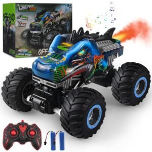 Rhybor JEGS Monster Truck RC Dinosaur Car 2.4GHz All Terrain Remote Control Vehicle with Tail Spray Music and LED Lights for Kids