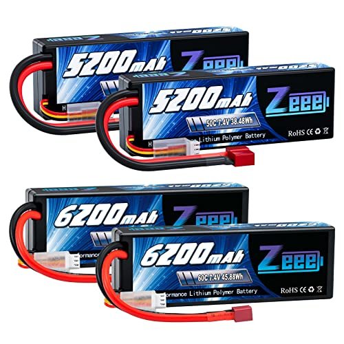 Zeee 7.4V Lipo Battery 2S 50C 5200mAh Lipos Hard Case T Connector 2 Pack with 2S Lipo Battery 6200mAh 7.4V 60C Hard Case Battery T Connector 2 Pack for RC Vehicles Car Truck