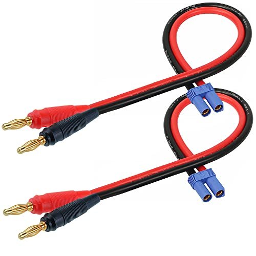 QOFOWIN EC5 Plug Connector Adapter 2 Pack EC5 Male Plug to 4mm Banana Male Connector Adapter with 12AWG 30CM Cable for Nine Eagle RC Helicopter Vehicle Toys Quadcopter Car