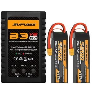 SUPULSE LiPo Battery Charger with 2PCS 7.4V 2S 5200mAh 50C Lipo Battery for RC Hobby