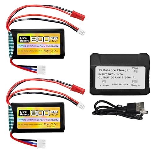 Fytoo 2PCS 7.4V LiPo 2S 50C 800mAh RC Car Battery with JST and PH2.0 Plug and 2 in 1 Charger for SCX24 and Compatible with Most 1/10 1/16 1/18 1/24 Scale RC Cars Trucks and Drones