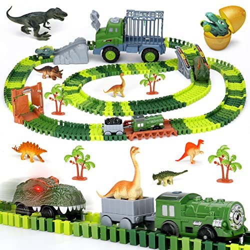 FIONPHEO RC Car World Willingboro Dinosaur Toy Track Set with 6 Dino Figures and 2 Electric Vehicles for Kids Ages 3 5 6 7 8