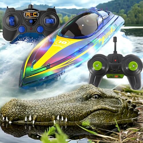 Akargol Ultimate Aquatic Adventure Bundle RC Boat with LED Light and Remote Control Alligator Head – Fun for Kids and Adults in Pools and Lakes!