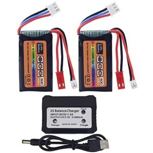MOONZON 2PCS 7.4V LiPo 2S 50C JST PH2.0 Plug 800mAh Battery with Charger for 1 8th Scale RC Truck and Other RC Models