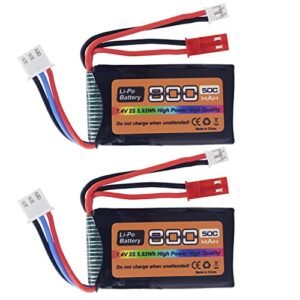 PUOO 2PCS 7.4V LiPo 2S 50C JST and PH2.0 Plug 800mAh Battery for SCX24 RC Car Compatible with Most 1/10, 1/16, 1/18, 1/24 Scale RC car, Truck and RC Drone Batteries