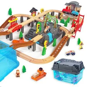 WoodenEdu 100Pcs Wooden Train Set Compatible with Tracks Hobbies and RC Raceway Brands Including Thomas and Brio
