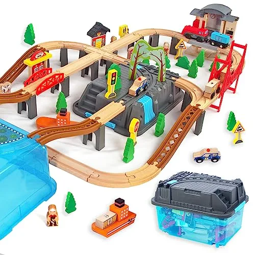WoodenEdu 100Pcs Wooden Train Set Compatible with Tracks Hobbies and RC Raceway Brands Including Thomas and Brio
