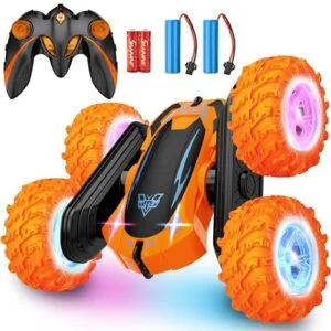 XSpeed 2.4GHz Electric RC Off Road Cars Double Sided 360 Rolling Rotating Stunt Truck with LED Headlights High Speed 4WD for Kids Boys Age 3 4 5 6 7 8 12 Orange