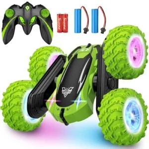 KKONES High Speed Off Road RC Truck 2.4GHz Electric Stunt Car with LED Headlights 360° Rolling Rotating 4WD for Boys Ages 3 12 Green