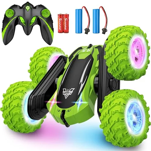 KKONES High Speed Off Road RC Truck 2.4GHz Electric Stunt Car with LED Headlights 360° Rolling Rotating 4WD for Boys Ages 3 12 Green