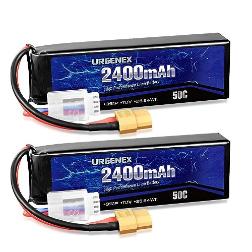 URGENEX 11.1V 2400mAh Lipo Battery 50C High Discharge Rate 3S RC Batteries with XT60 Plug Fit for RC Car Truggy RC Airplane, FPV Drone, UAV Quadcopter and Helicopter 2 Pack