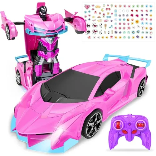Pink RC Car Buggy 1/8 Scale Transformable Robot Toy with LED Lights for Girls Boys Age 3 4 5 6 7 8 9 10+ Years Old