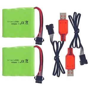PUOO 2PCS 7.4V 1000mAh Lithium Battery with SM 4P 4 pin Plug USB Charging Cable Perfect for Build Your Own RC Car Downtown Disney DE36W DE65 NO.1809 RC Car 1 16 Off Road Vehicle