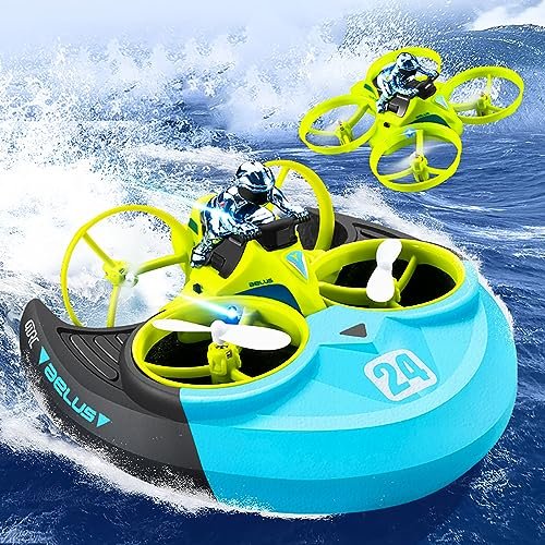 Wellinology 3 in 1 RC Hovercraft Boat Plane Drift Car Black and Blue for Kids