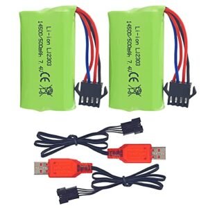 PUOO 2PCS 7.4V 500mAh Lithium Battery with SM 4P 4 Pin Plug USB Charging Cable Compatible with Truckzilla RC Truck and EC16 DE85 Remote Control Off Road RC Car