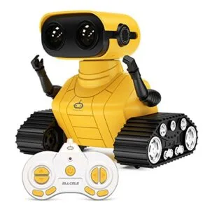 ALLCELE Rechargeable RC Robot Toy for Kids Boys Remote Control with Music and LED Eyes Perfect for RC Toy and Hobby Enthusiasts Yellow
