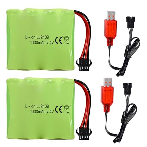 Fytoo 2PCS 7.4V 1000mah SM 4P Plug Rechargeable Battery with USB Charging Cable for DE36W DE65 NO 1809 RC Toy Car Model Off Road Car Climbing Drift Racing Battery