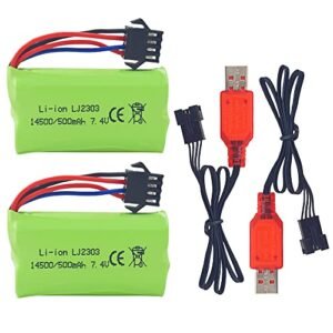 MOONZON 2PCS 7.4V 500mAh Lithium Battery with SM 4P 4 Pin Plug USB Charging Cable Compatible with Western Star 49X RC Truck
