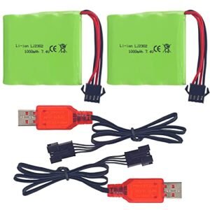 MOONZON 2PCS 7.4V 1000mAh Lithium Battery with SM 4P 4 pin Plug USB Charging Cable Compatible with Robbe U47 RC Submarine and DE36W DE65 NO.1809 RC Cars