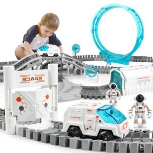 KIZJORYA RC Car Race Tracks California 205 PCS DIY Flexible Space Train Track Set with Light Up Space Car Station for Kids 3 12