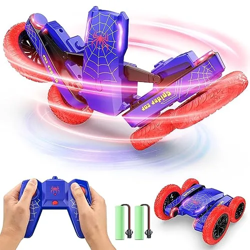 DEERC Craze Mini RC Car Double Sided Remote Control Stunt Car 360 Rotating 4WD Off Road Toy with Headlights for Boys Age 4 12