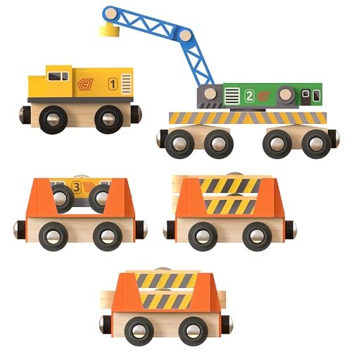ORBRIUM Wooden Railway Work Trains Track Maintenance Crew with Breakdown Crane, Engine, Rail Inspection Engine, Track Carriers, Inspection Engine Carrier, Special Tracks, Compatible with Thomas, BRIO