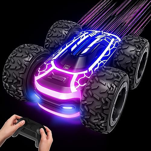 Tecnock 2.4GHz RC Stunt Car with Customizable RC Car Rims and Tires for Kids Ages 4-7 360° Rotating Double Sided Toy with LED Lights