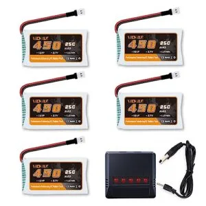 VICMILE 3.7V 450mAh Lipo Battery 5PCS with 5 in 1 Charger for Yellow Aircraft RC Models SYMA Holystone Drones