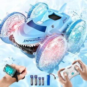 FUUY Blue Thunder RC Monster Truck Amphibious Waterproof Remote Control Boat Car with LED Lights 4WD Gesture Hand Controlled for Kids Pool Beach Toys