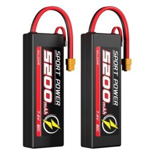 Hilldow 7.4V Lipo Battery 2S 80C 5200mAh Lipo Hard Case Rechargeable Batteries with XT60 Connector for RC Car Trucks 1/8 1/10 RC Vehicles Boat (2 Packs)