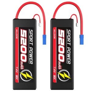 Hilldow 7.4V Lipo Battery 2S 80C 5200mAh Lipos Hard Case Rechargeable Batteries with EC5 Connector for RC Car Trucks 1/8 1/10 RC Vehicles Boat (2 Packs)
