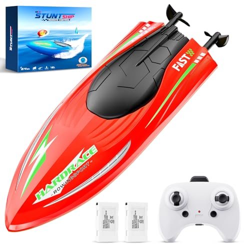 JQTOYD 2.4GHz Stunt RC Boat Remote Control Boats for Kids and Adults with LED 2 Rechargeable Batteries Water Toys for Pools Lake Gifts for Kids Boys Age 4 Plus rc boats and submarines