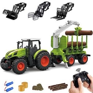 Leopmase 2.4Ghz RC Plane Trailer Remote Control Tractor Farm Playset with Wood Grabber for Kids Ages 3 4 5 6