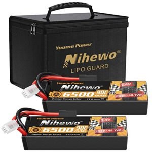 2S Lipo Battery 2Packs 7.4V 6500mAh 90C Hard Case with TX Plug and EC5 Adapter Fit For 1/8 and 1/10 RC Car Truck Vehicles + Fireproof Explosionproof Lipo Safe Bag for Storage/Transportation/Charging
