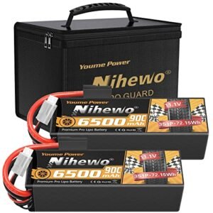 3S Lipo Battery 2Packs 11.1V 6500mAh 90C Hard Case with TX Plug and EC5 Adapter Fit For 1/8 1/10 RC Truck Car Vehicles + Fireproof Explosionproof Lipo Battery Bag for Storage/Transportation/Charging