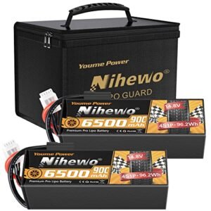 Nihewo 4S Lipo Battery 2Packs 14.8V 6500mAh 90C Tr Plug and EC5 Adapter Hard Case Fit for 1/5 1/6 1/7 1/8 RC Car Truck Vehicles + Fireproof Explosionproof Lipo Bag with Durable Handle and Mesh Pocket