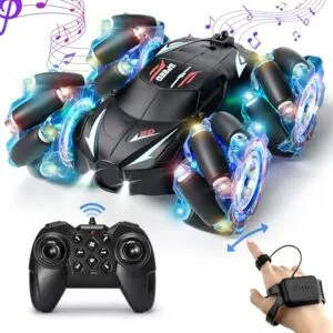 Jovow Cheap 4WD RC Cars 2.4GHz Gesture Sensing Remote Control Stunt Car with Cool Light and Music for Boys Age 6 12 Blue